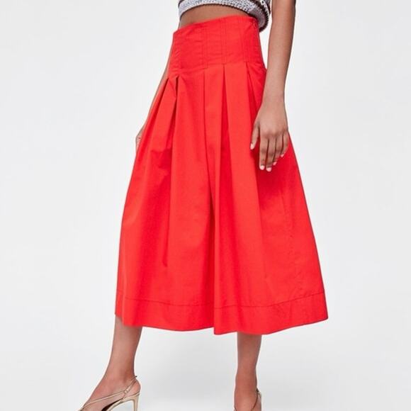 Zara Pleated High Waist Midi Skirt Red Orange - Picture 1 of 9